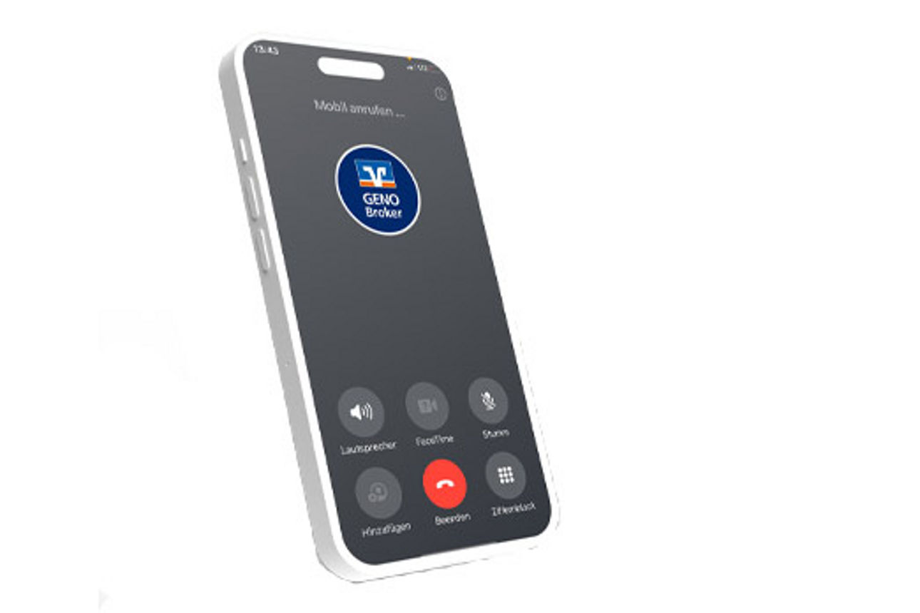 Smartphone mit GENO-Broker-Logo auf dem Bildschirm