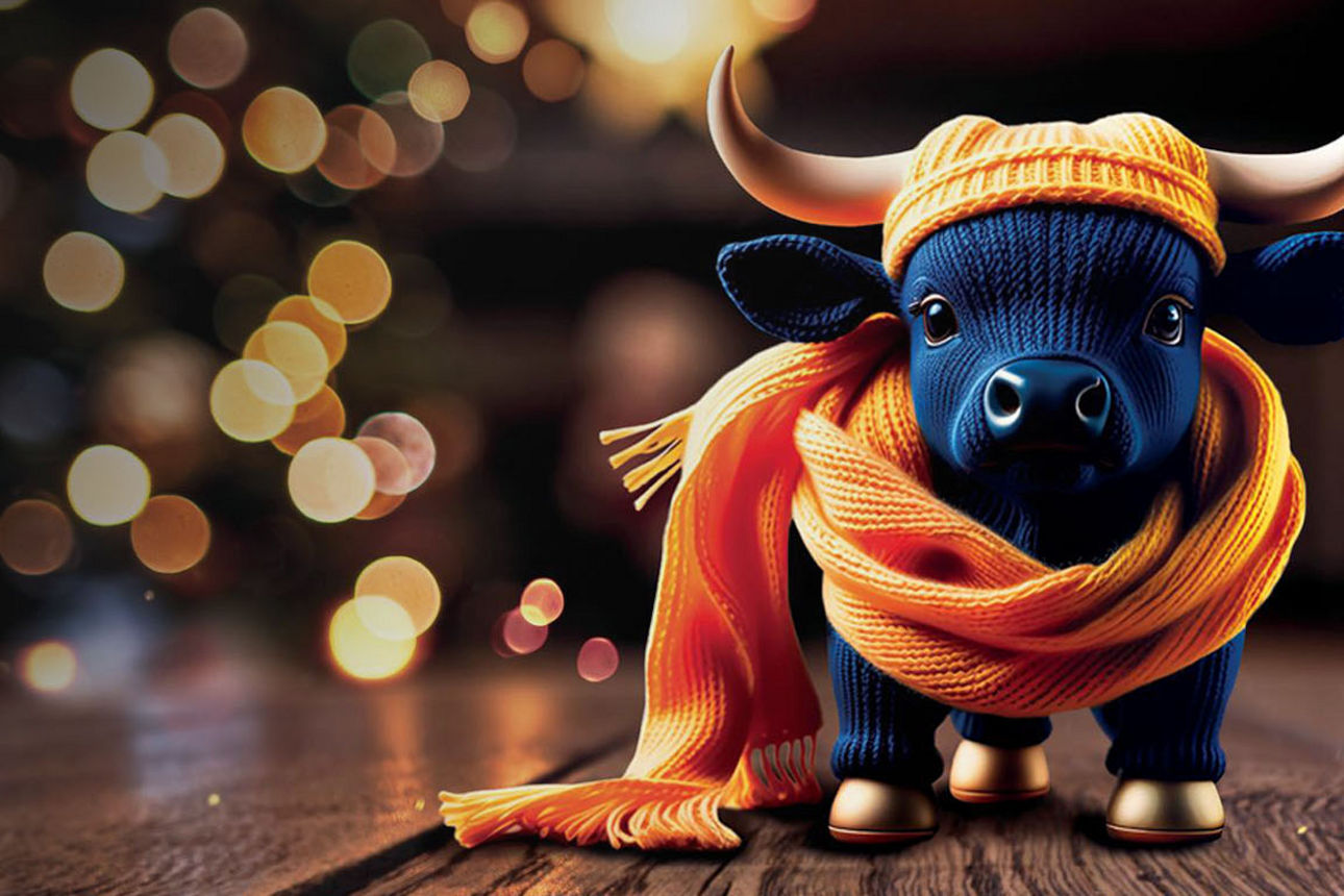 Kleiner Stoffbulle vor einem Weihnachtsbaum