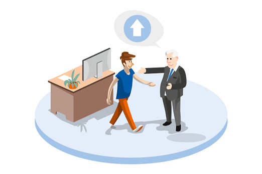Illustration:Ein älterer und ein jüngerer Mann in einem Büro; über dem Kopf des älteren schwebt ein nach oben zeigender Pfeil