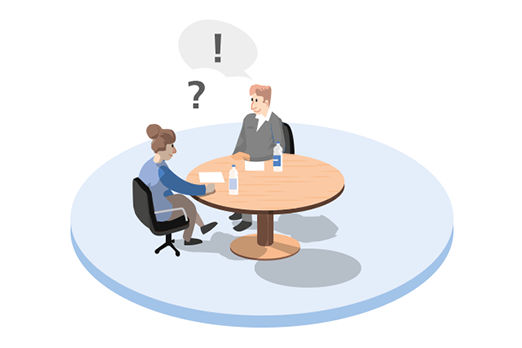 Illustration: Zwei Menschen sitzen an einem Tisch. Über einer schwebt ein Fragezeichen, über der anderen ein Ausrufezeichen.