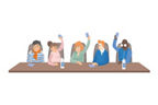 Illustration: Fünf Menschen sitzen an einem Tisch; drei von ihnen heben Abstimmungskarten in die Höhe