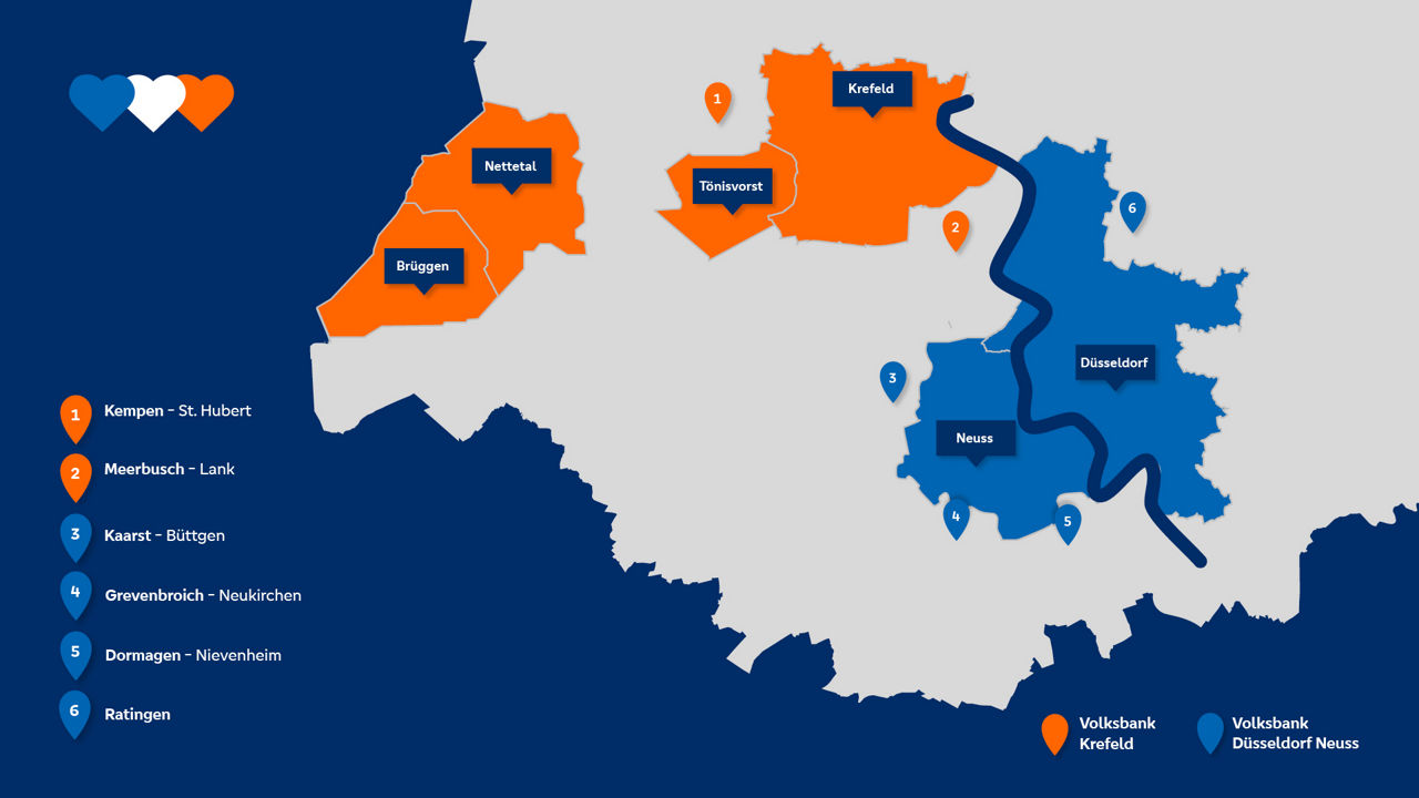 Die Geschäftsgebiete der Volksbanken sind auf einer Karte aufgelistet, geteilt durch den Rhein