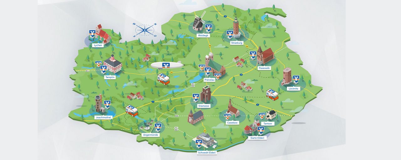 Karte der Uckermark mit Logo VR der einzelnen Filialen