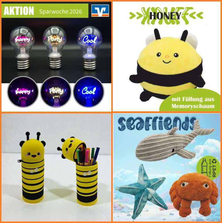 Vier im Quadrat angeordnete Bilder von Geschenken: Leuchten in Form einer Glühbirne mit Schriftzug als Draht, runde Plüsch-Biene mit Memoryschaum-Füllung, Stiftebecher in Bienenform, Kuscheltiere "Seafrinds" in Form von Wal, Seestern und Krabbe