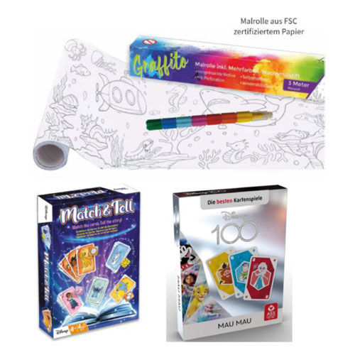 Geschenke Weltsparwoche Graffito Malrolle inkl. Mehrfarbenstift, Kartenspiel Match & Tell oder Kartenspiel Mau Mau