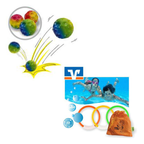 Geschenke Weltsparwoche Gummiball oder Tauchringe 3er-Set