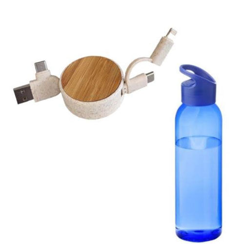 Geschenke Weltsparwoche 3 in 1 Ladekabel oder Glasflasche 500 ml mit Silikonhalterung