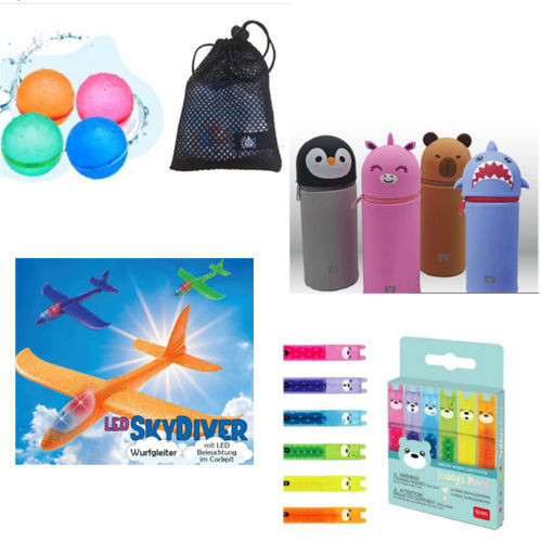 Geschenke Weltsparwoche Weiderverwendbare Wasserbombern 2-er Set, Silikon Stiftemäppchen, SkyDiver Wurfgleiter, Textmarker 