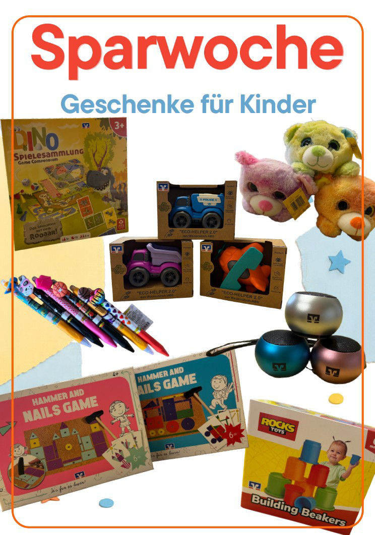 Übersicht verschiedener Geschenke für Kinder zur Sparwoche wie Spielzeug, Stofftiere, Spiele und Stifte.