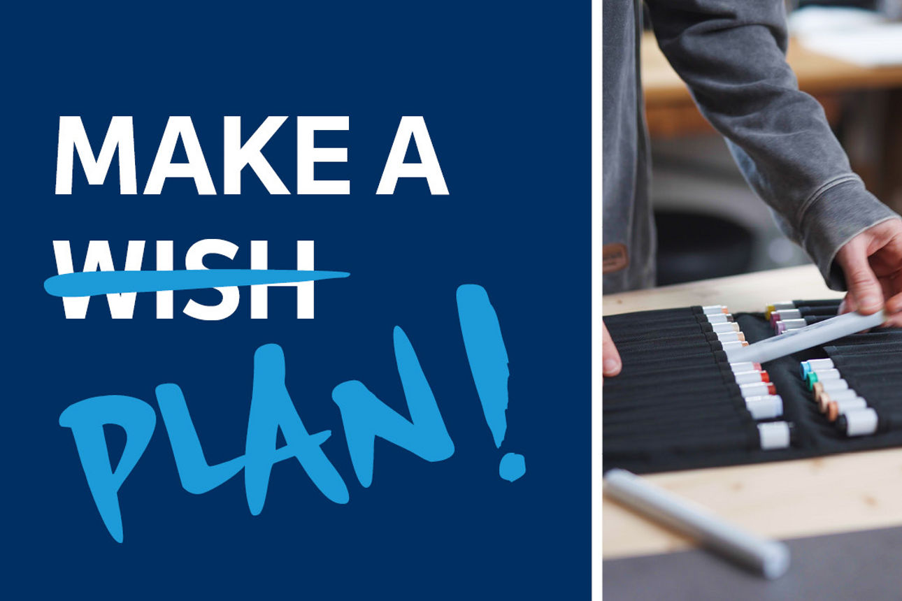 Collage eines jungen Künstlers beim Zeichnen sowie ein Infotext: "Make a Plan!"