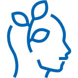 Ein stilisiertes Profil eines Frauenkopfes, umrandet von einem leuchtenden Blau