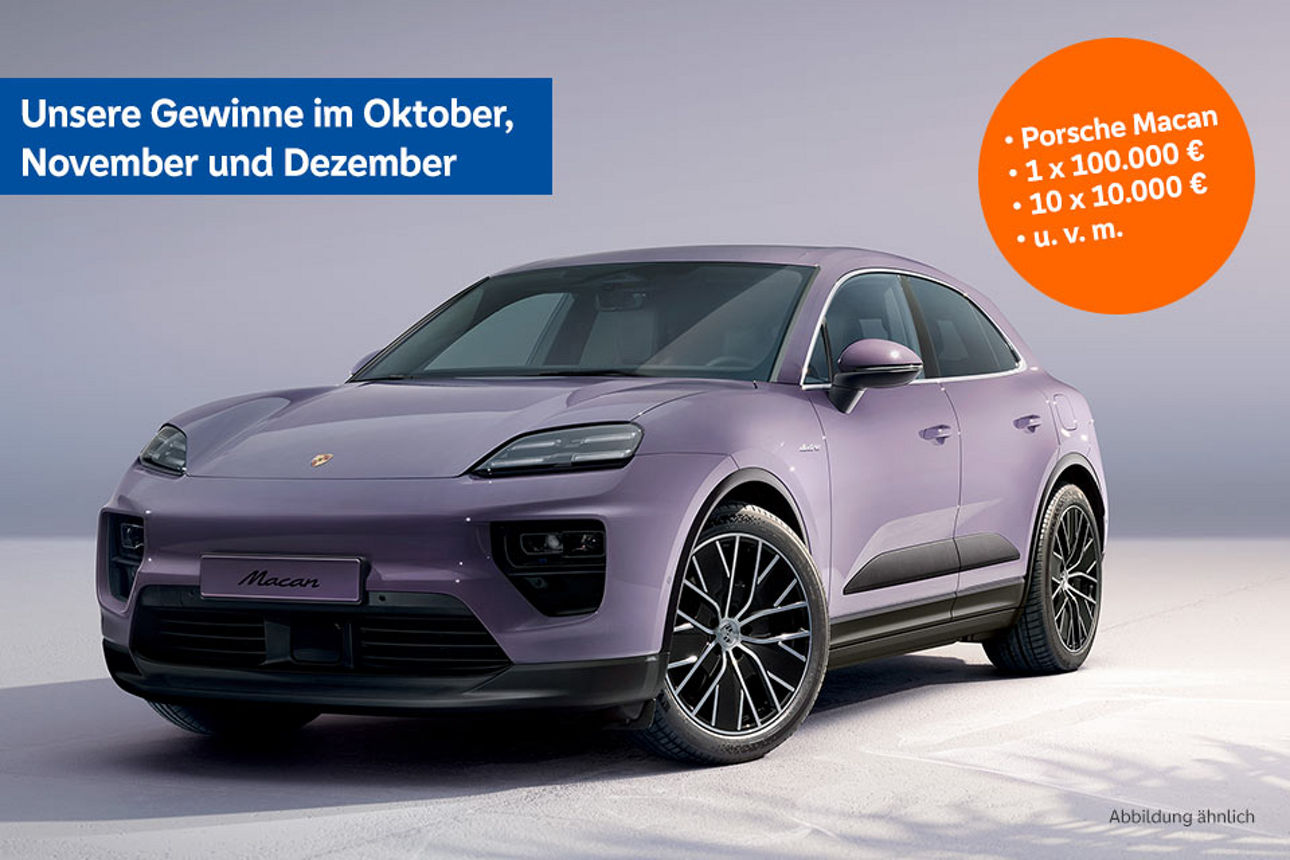 Illustration eines Porsche Macan mit dem Schriftzug "Unsere Gewinne im Oktober, November und Dezember" und Gewinnmöglichkeite