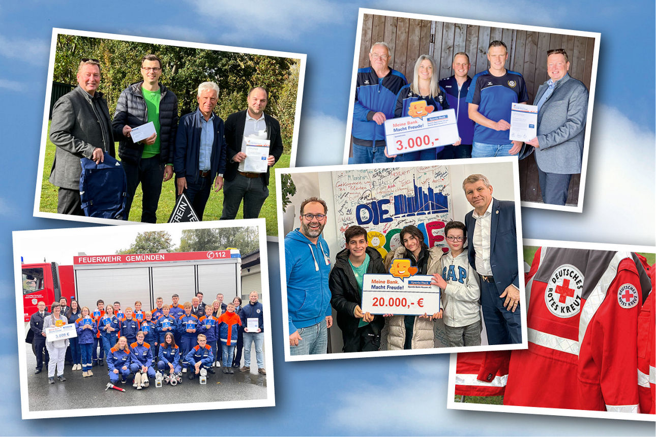 Bilder mit Gewinnübergaben an Vereine durch Sparda-Mitarbeitende