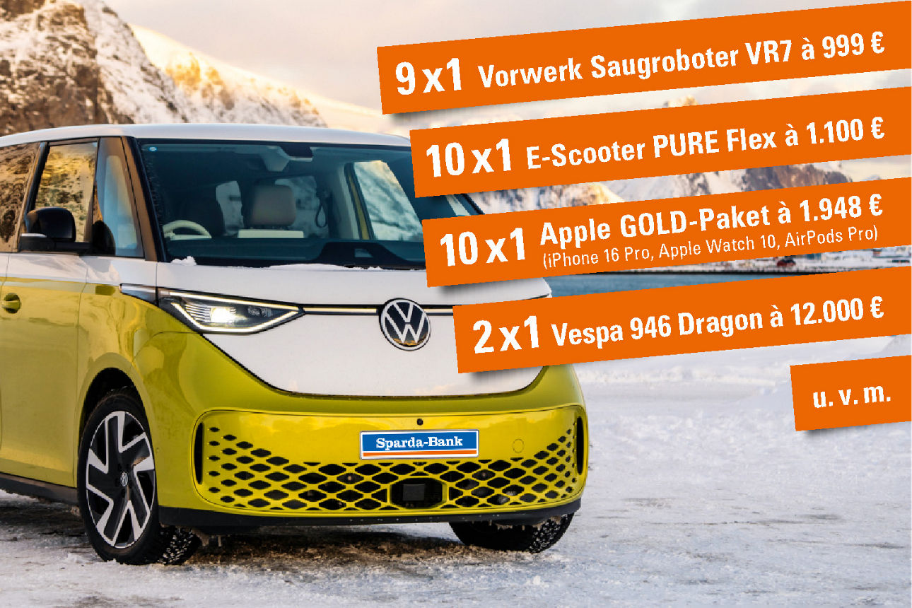 Ein VW-Bus und die Auflistung von Sachpreisen gem. Text