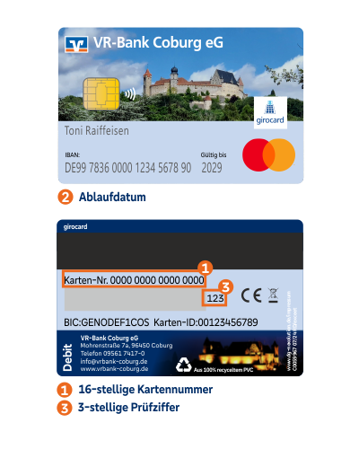 Kartenabbildung girocard Debit Mastercard: 1) 16-stellige Kartennummer, 2) Ablaufdatum, 3) 3-stellige Prüfziffer