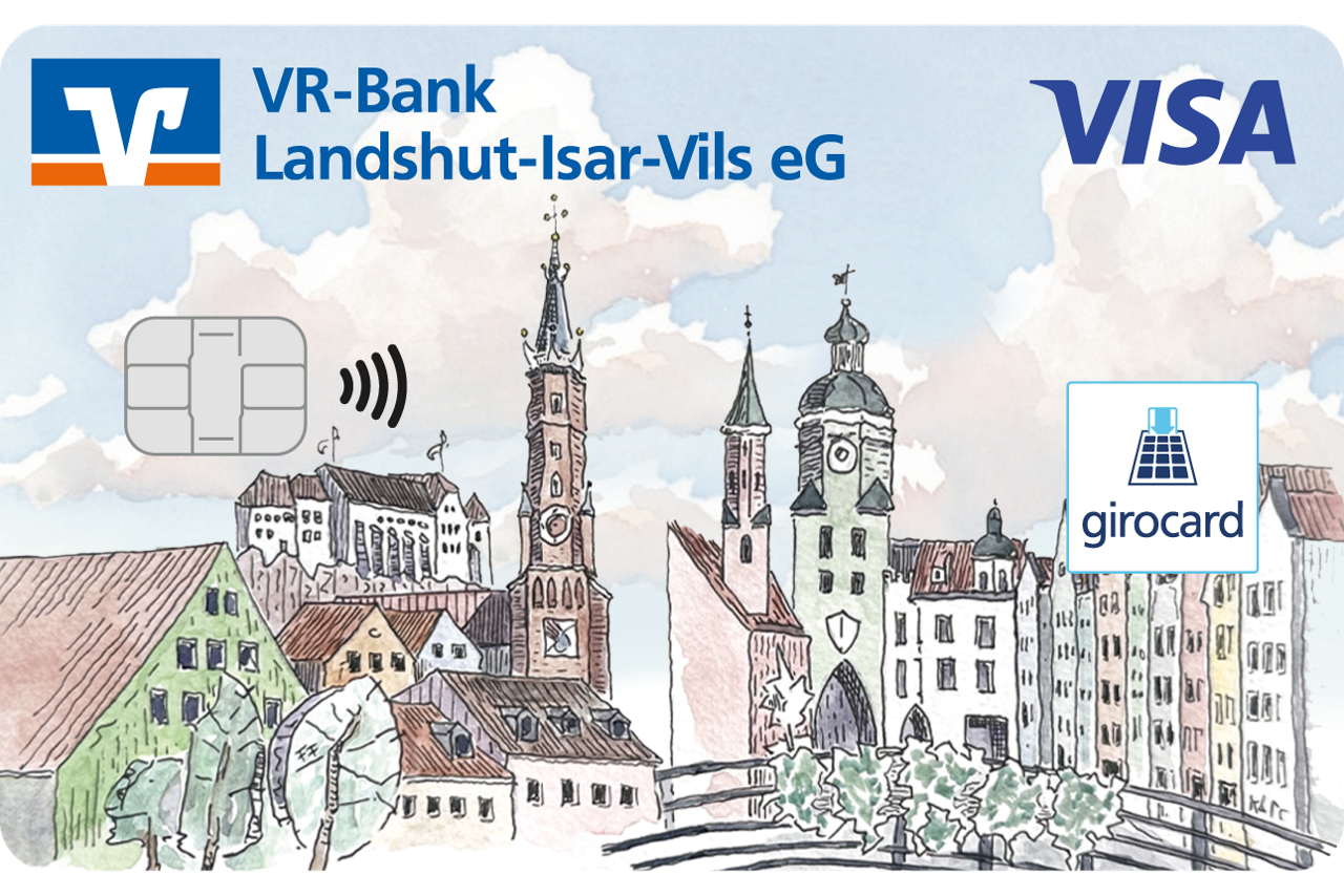 Eine Debitkarte mit einer Zeichnung von den Städten Landshut und Vilsbiburg