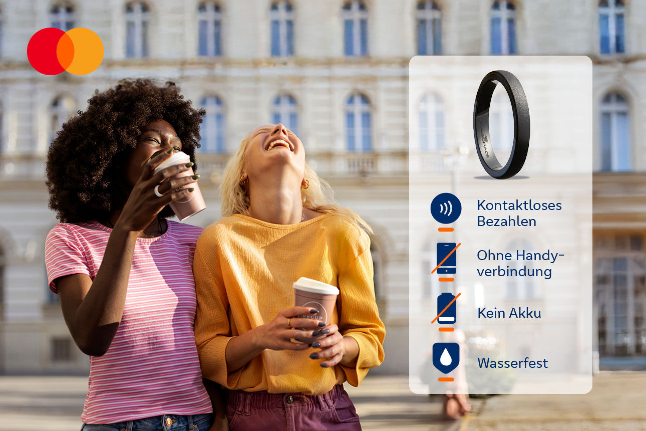 Zwei junge lachende Frauen mit einem Coffee-to-go und dem Hinweis auf einen 50 Euro Gutschein