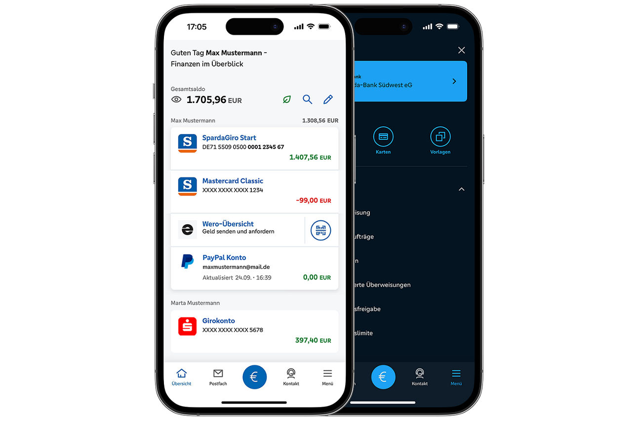 SpardaBanking App in Hell- und Dunkelmodus auf einem iPhone