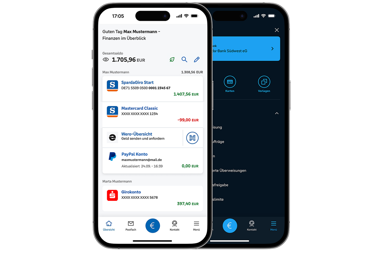SpardaBanking App in Hell- und Dunkelmodus auf einem iPhone