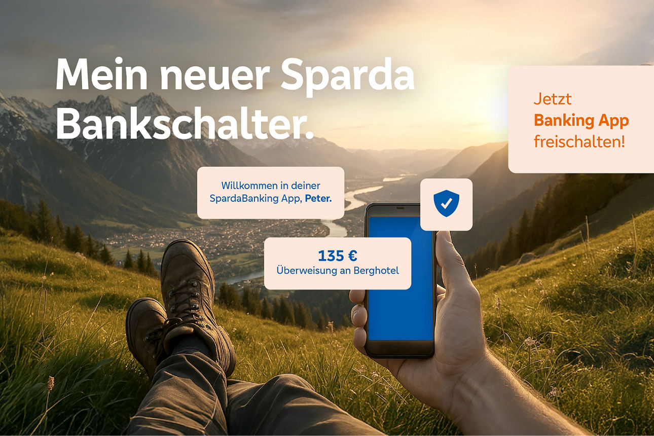 Mann liegt auf einer Bergweide und bezahlt per SpardaBanking App eine Hotelübernachtung