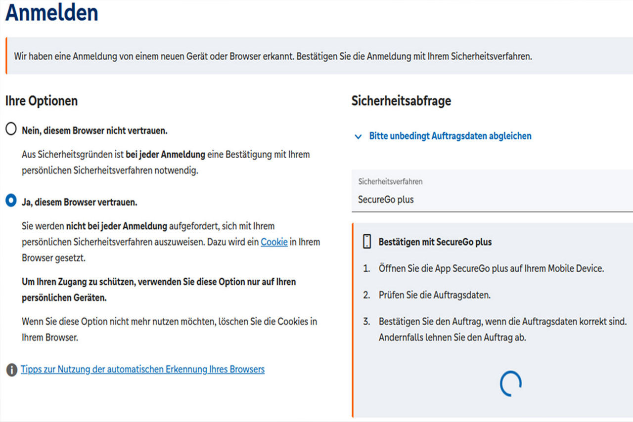Screenshot Sicherheitsabfrage durch Browsererkennung im Online-Banking