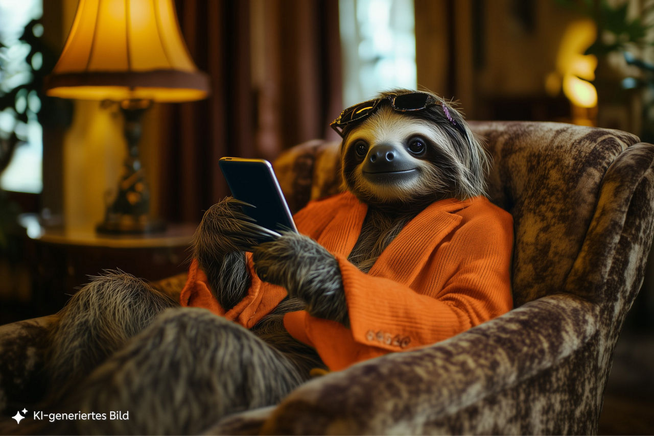 Auf dem KI-generierten Bild sitzt ein Faultier im orangenen Blazer im Sessel und schaut entspannt auf sein Smartphone. 