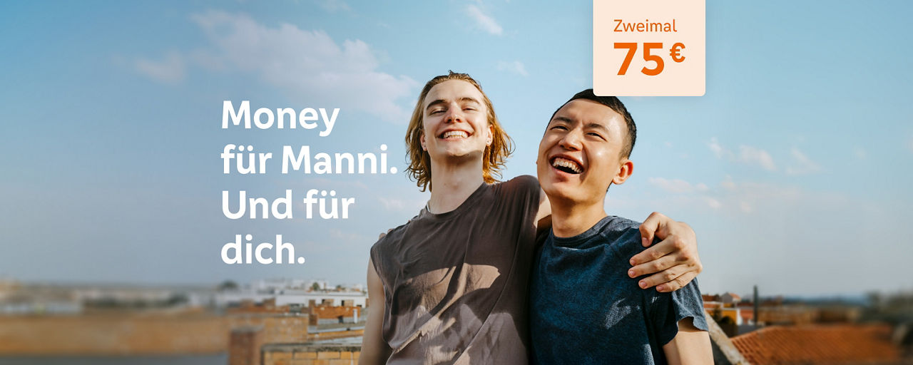 Zwei Jugendliche lachend Arm in Arm mit einem Hinweis "Zweimal 75 €"