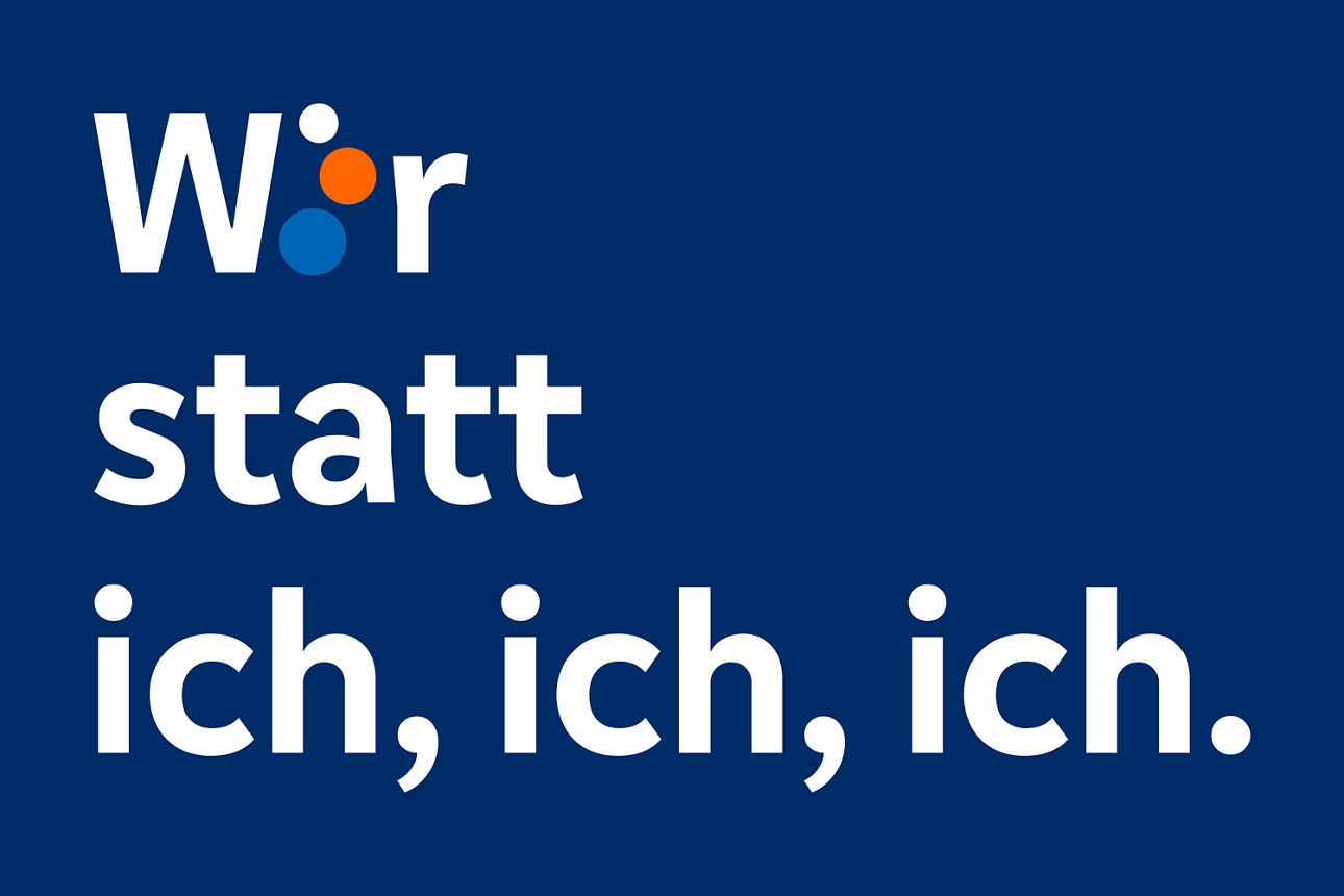 Grafik mit Text "Wir statt ich, ich, ich"