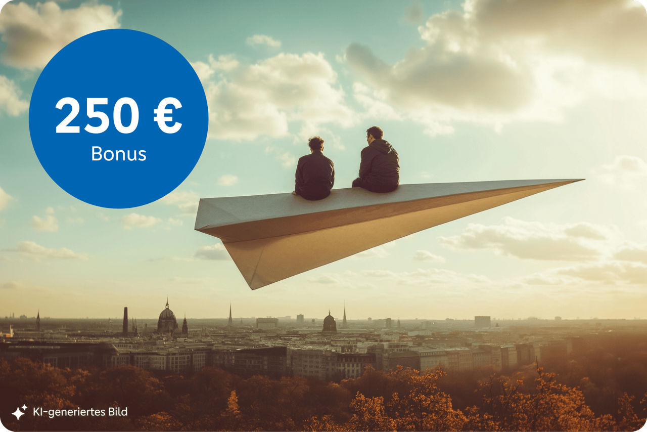 Auf dem KI-generierten Bild sitzen zwei Männer auf einem Papierflieger und schweben über Berlin
