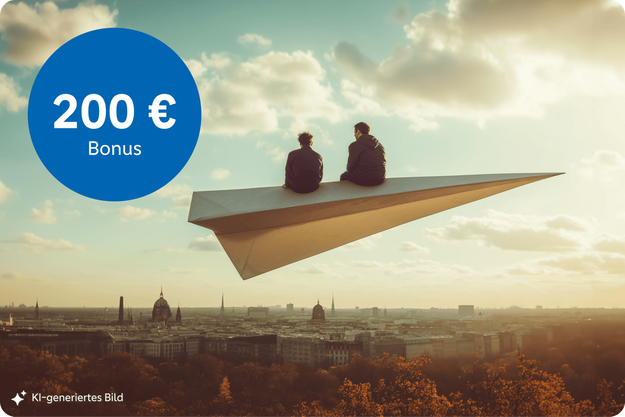 Auf dem KI-generierten Bild sitzen zwei Männer auf einem Papierflieger und schweben über Berlin