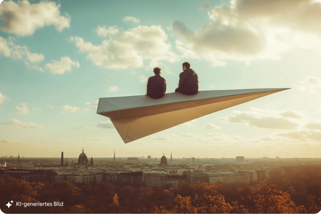 Auf dem KI-generierten Bild sitzen zwei Männer auf einem Papierflieger und schweben über Berlin