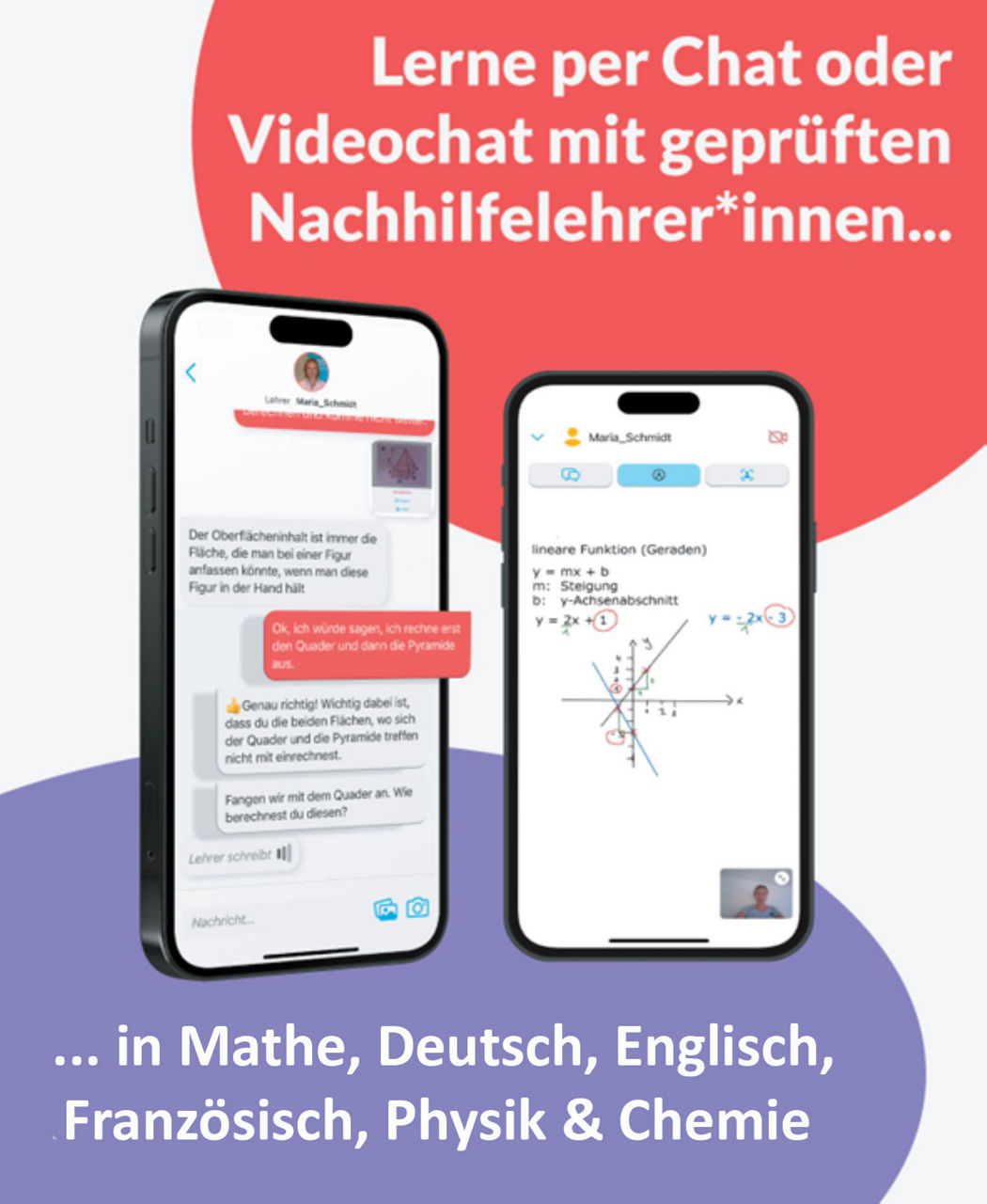 Lerne per Chat oder Videochat mit geprüften Nachhilfelehrer*innen (in Mathe, Deutsch, Englisch, Französisch, Physik & Chemie