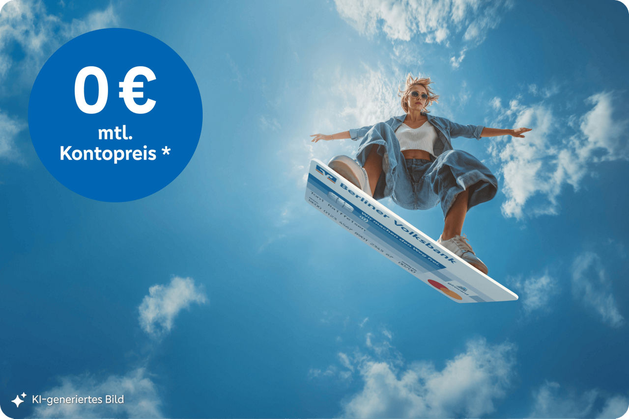 Auf dem KI-generierten Bild surft eine Frau auf einer girocard der Berliner Volksbank in der Luft.