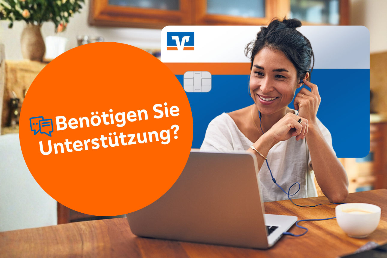 Person arbeitet am Laptop am Tisch, daneben Girokarten‑Grafik und Hinweis auf Unterstützungsangebot.