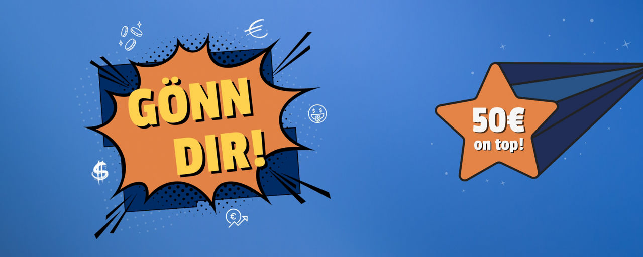 Comic-Grafik mit dem Schriftzug 'Gönn Dir!' und Sternschnuppe mit Text '50€ on top' auf blauem Hintergrund