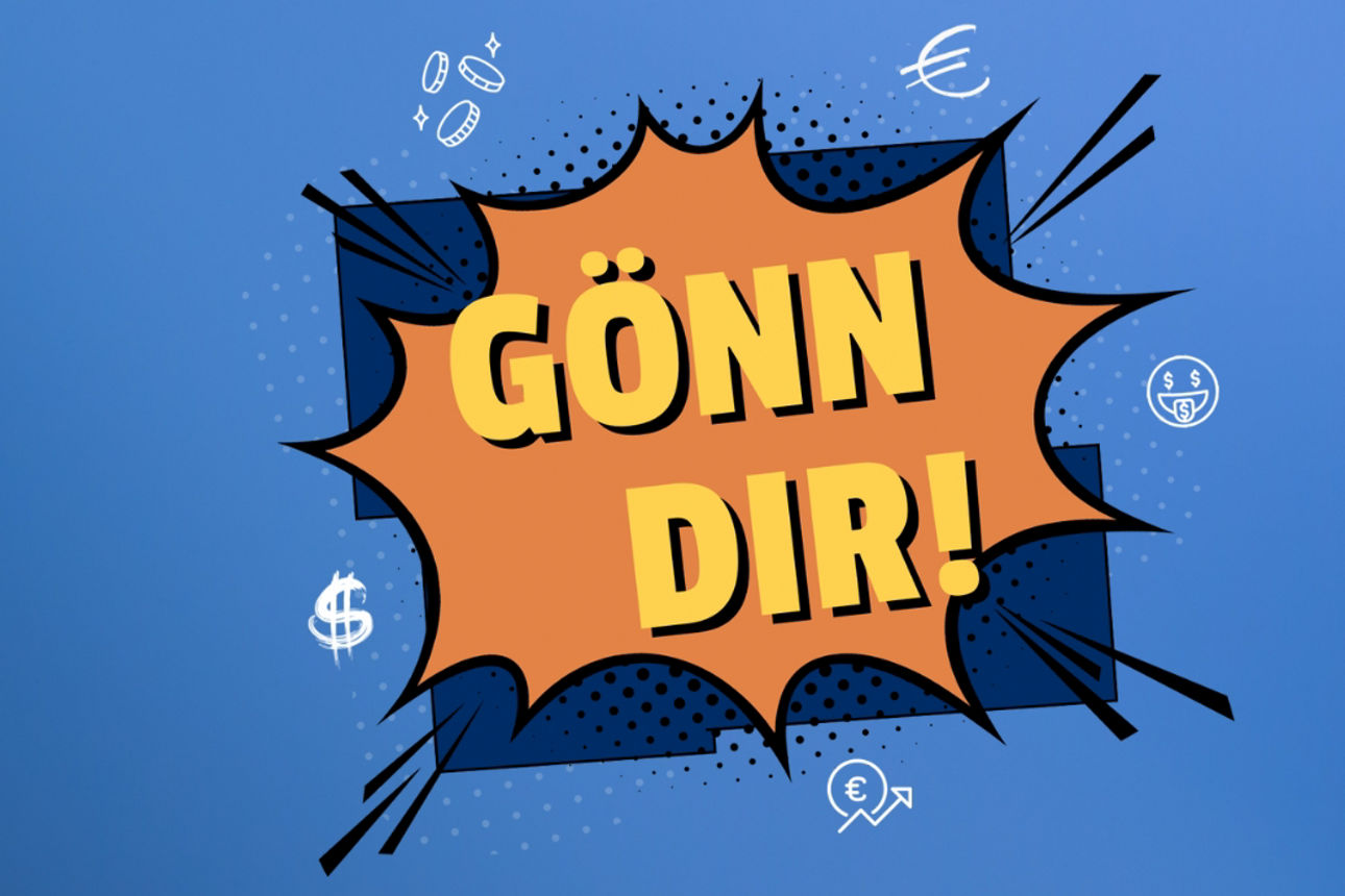 Comic-Grafik mit dem Schriftzug 'Gönn Dir!' und Sternschnuppe mit Text '50€ on top' auf blauem Hintergrund