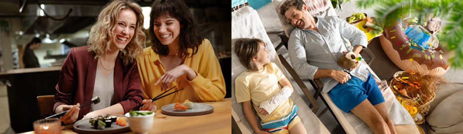 Eine Familie, die sich in einem Restaurant um einen Tisch versammelt hat, um gemeinsam zu essen, zu lachen und sich zu unterh