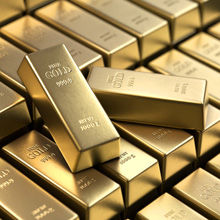 Dies ist eine Nahaufnahme einer Sammlung von Goldbarren, die in einer ordentlichen