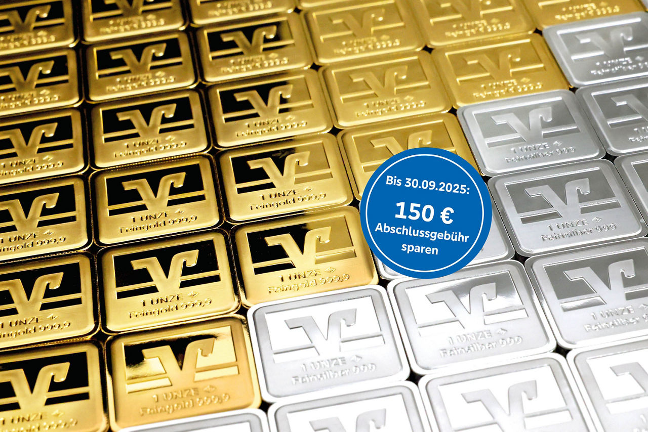 Gold- und Silberbarren mit Volksbank-Logo, darauf ist ein Störer mit dem Text "Bis 30.09.2025 150 € Abschlussgebühr sparen"