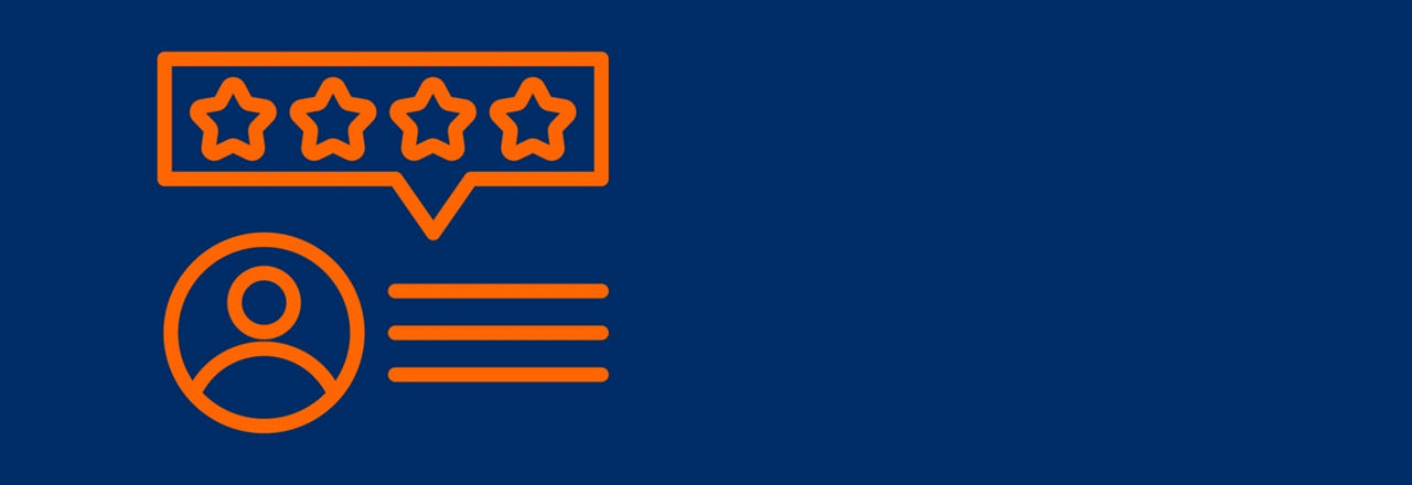 Icon-Grafik einer Person. Darüber 4 Sterne in einer Sprechblase.