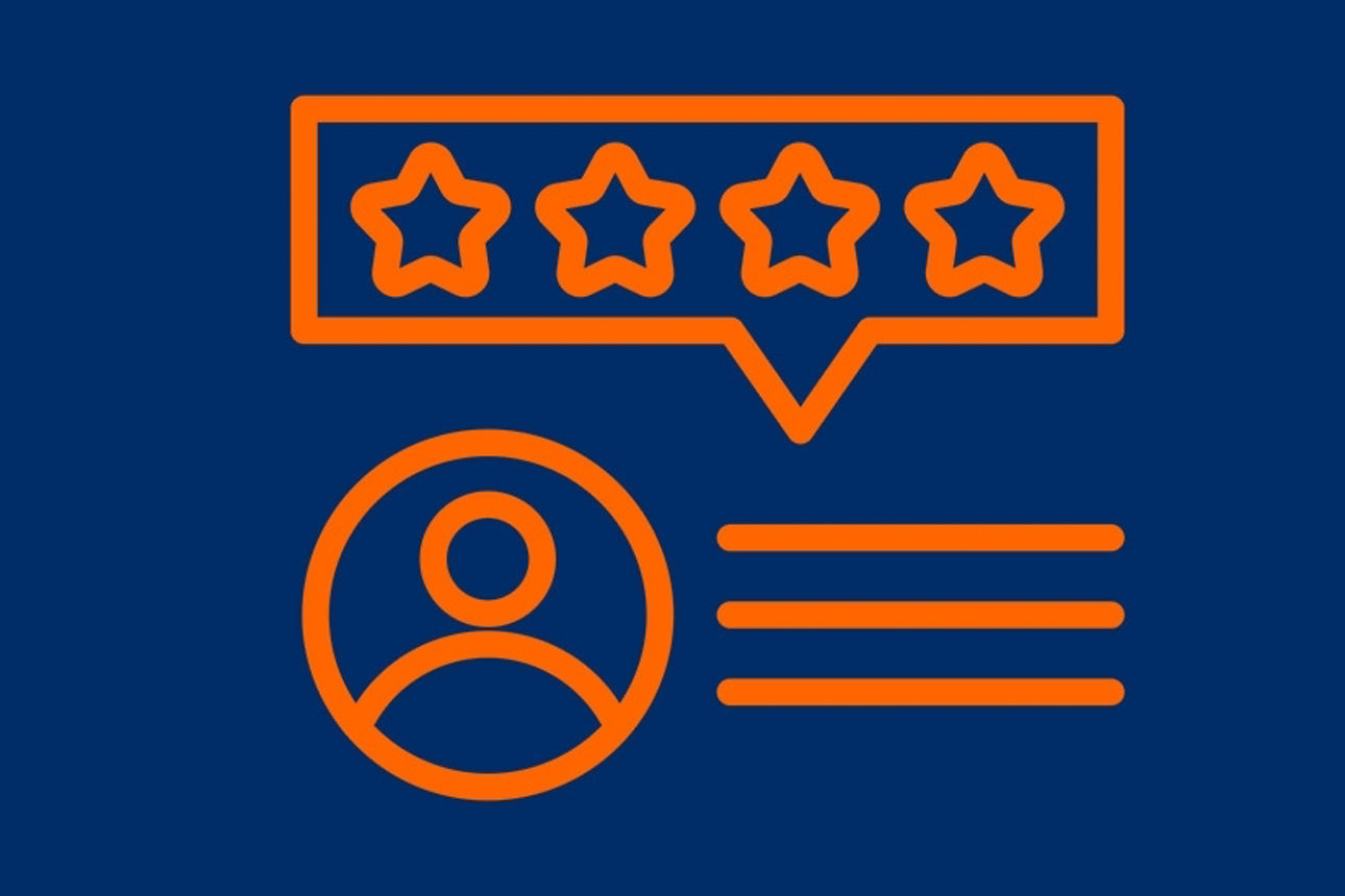 Icon-Grafik einer Person. Darüber 4 Sterne in einer Sprechblase.