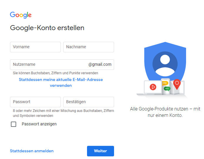Screenshot von der Google-Anmeldung