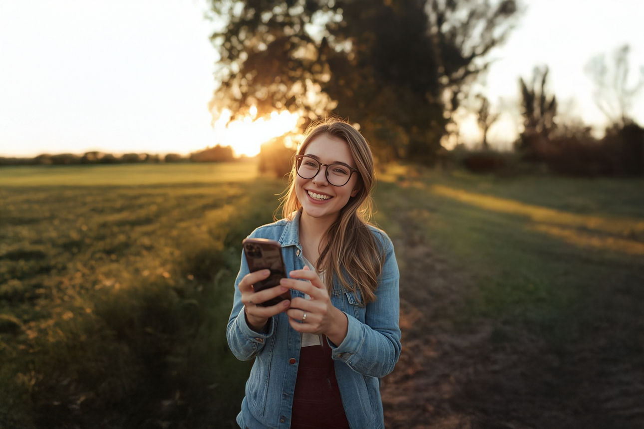 Frau auf einem Feld gibt eine Google-Bewertung ab
