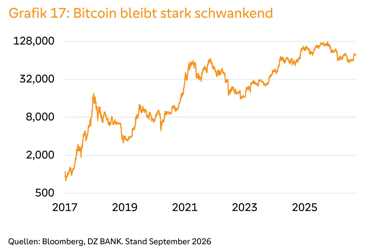 Verlauf des Bitcoin-Kurses von 2017 bis 2026 mit deutlichen und häufigen Wertschwankungen.