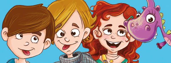 Drei Kinder und ein Drache als Comic-Figuren
