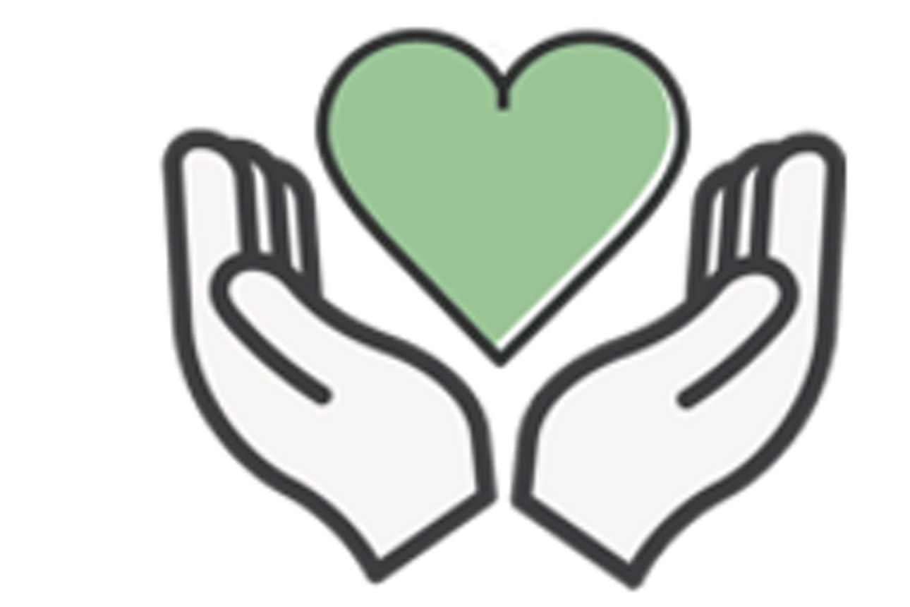 Zeichnung zweier Hände mit einem grünen Herz in der Mitte