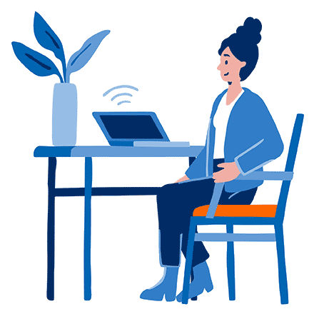 Illustration von einer Frau, die an einem Tisch sitzt und an einem Laptop arbeitet