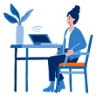 Illustration von einer Frau, die an einem Tisch sitzt und an einem Laptop arbeitet
