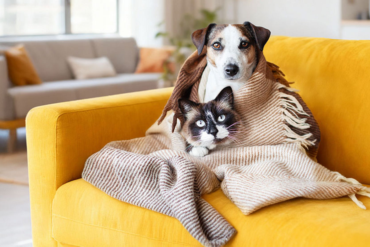 Hund und Katze liegen auf der Couch