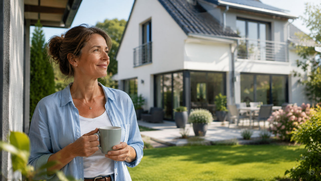 Frau steht vor ihrem Einfamilienhaus im Garten und blickt zufrieden auf ihr Zuhause.